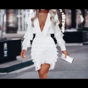 White deep V fringe dress